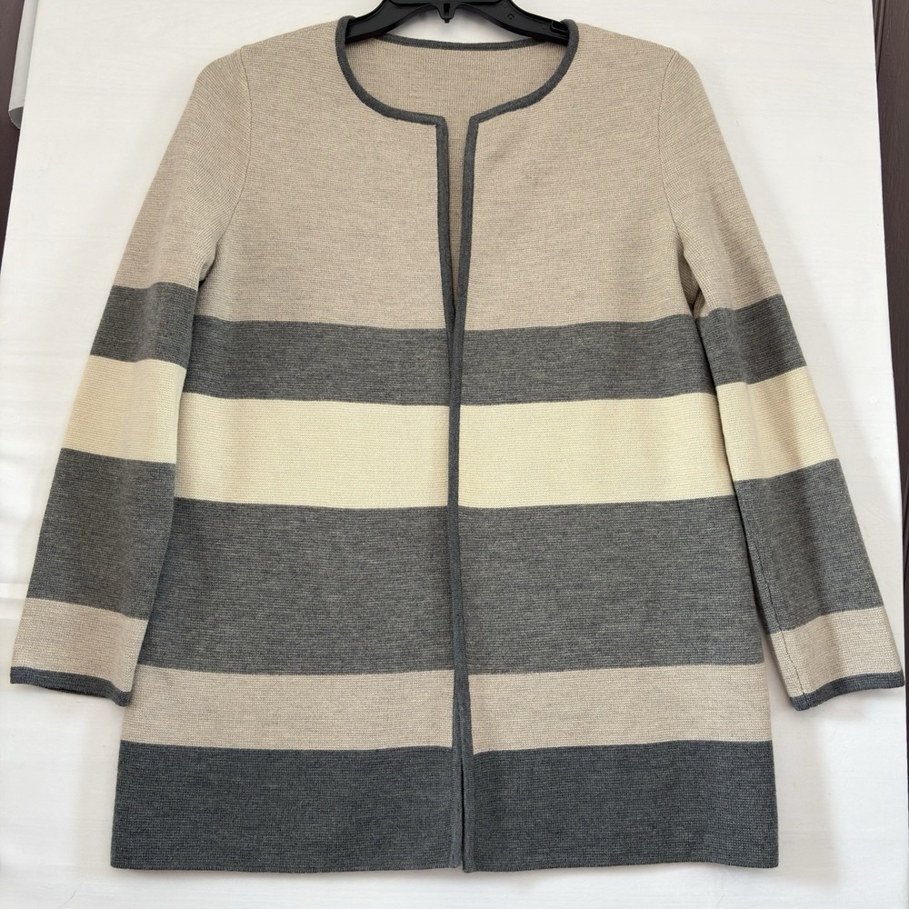 Beige‎ Gray Merino Wool Open Front Cardigan Sweater Jacket Women Large